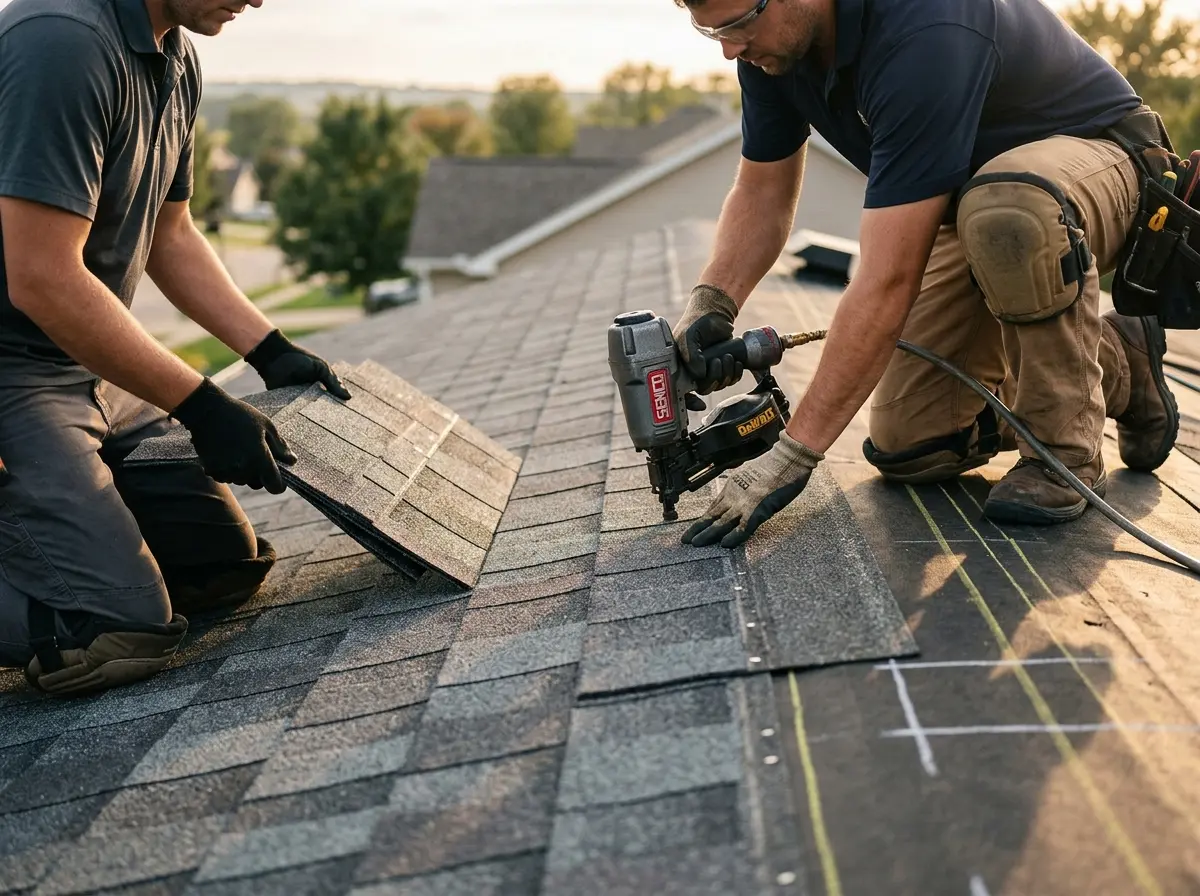 Professional roofer working on a residential roof in North Kansas City